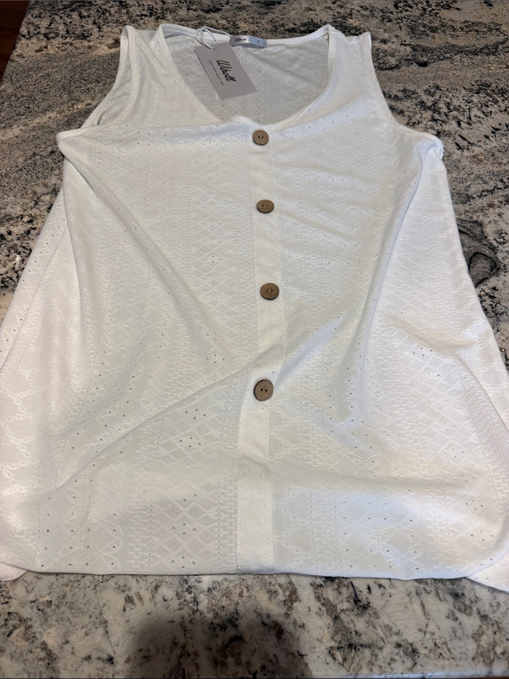 Wiholl White Eyelet Button Tank with Wood Buttons -Size Adult Small